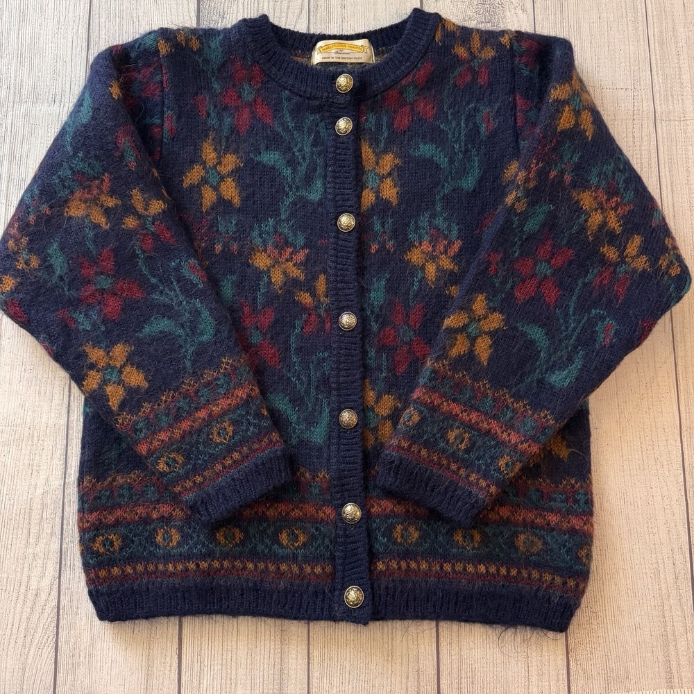 Vintage Harris Pringle Weavers Mohair Floral Cardigan Sweater Womens Small Cozy
